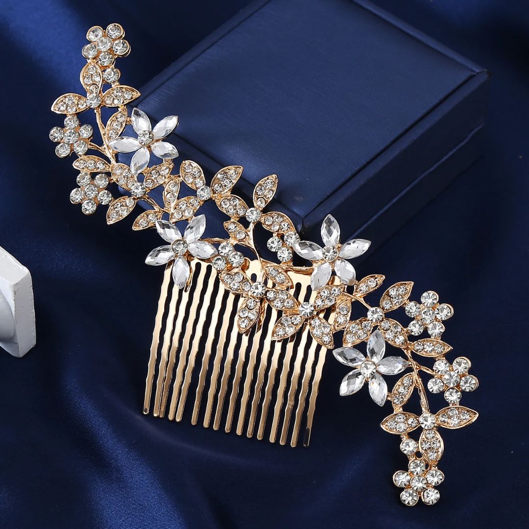Natalie Traditional Hair Accessory – Crystal Flower & Rhinestone Hair Comb-Gold-State of Style