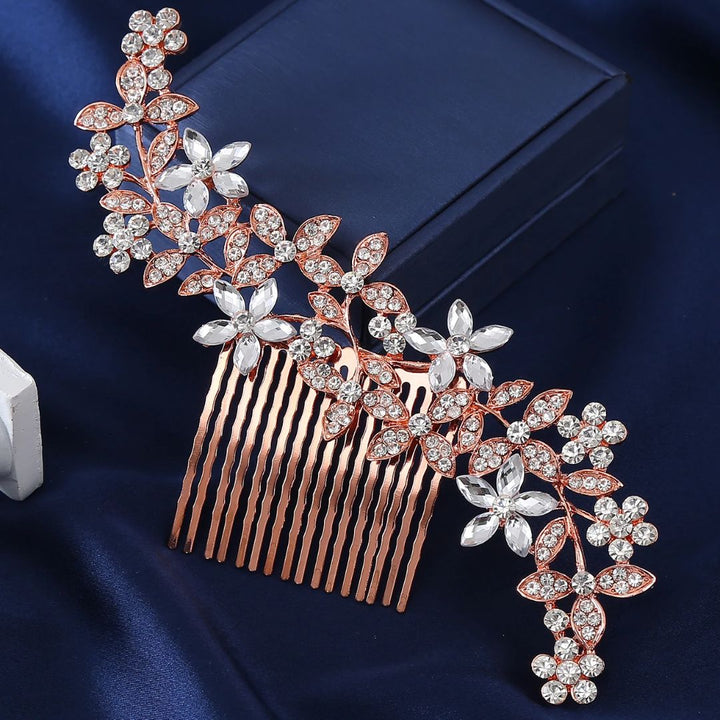 Natalie Traditional Hair Accessory – Crystal Flower & Rhinestone Hair Comb-Rose Gold-State of Style
