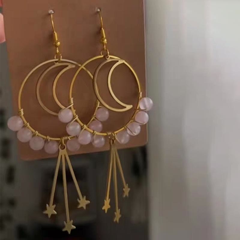 Natural Crystal Moon & Star Earrings - Elara-Rose Quartz-State of Style