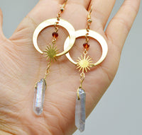 Natural Crystal Moon Stars Earrings - Elara-Clear Quartz and Golden Moon-State of Style