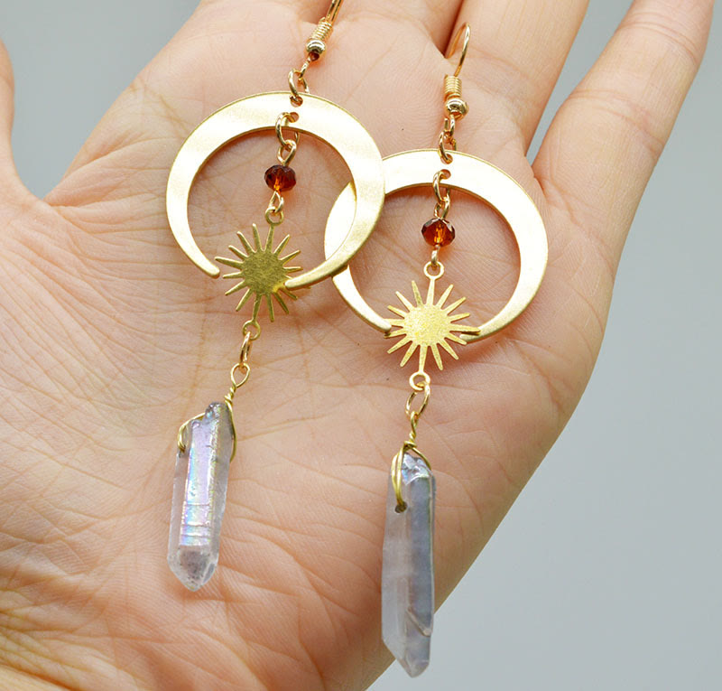 Natural Crystal Moon Stars Earrings - Elara-Clear Quartz and Golden Moon-State of Style