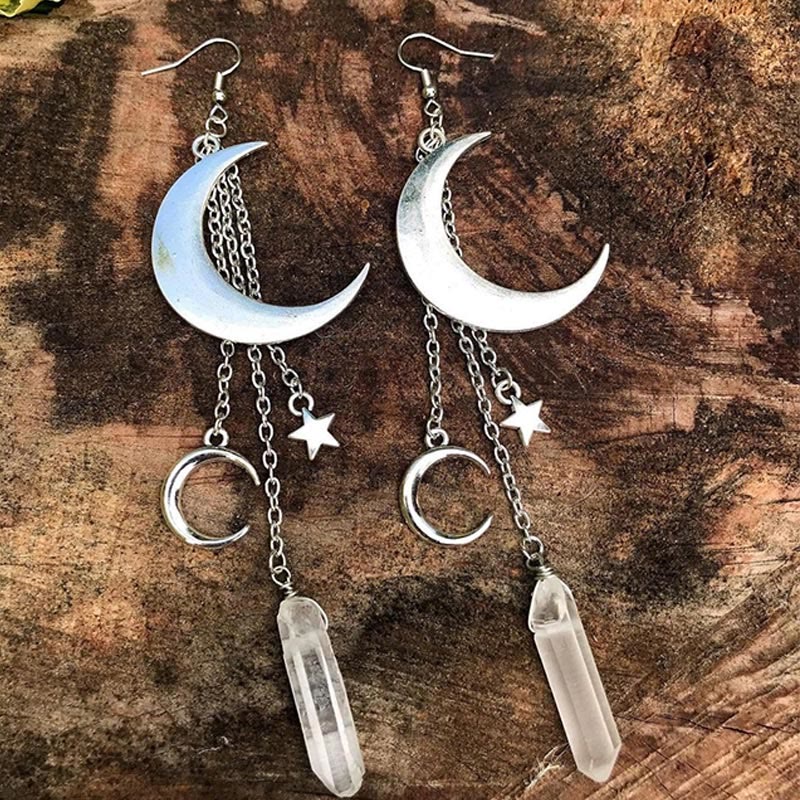 Natural Crystal Moon Stars Earrings - Elara-Clear Quartz and Silver Moon-State of Style