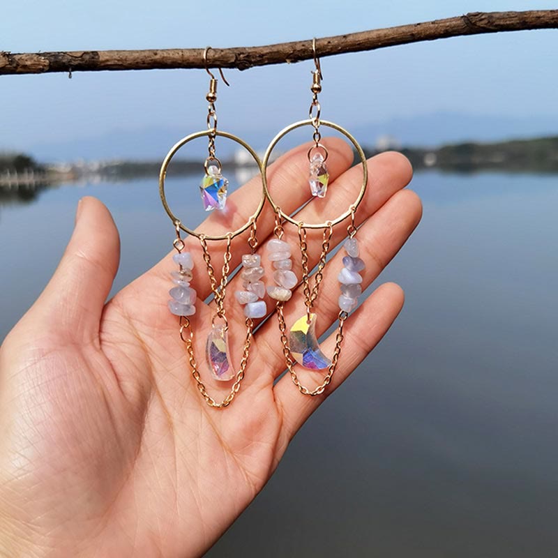 Natural Crystal Moon Stars Earrings - Elara-Purple Agate & Angel Aura Quartz-State of Style