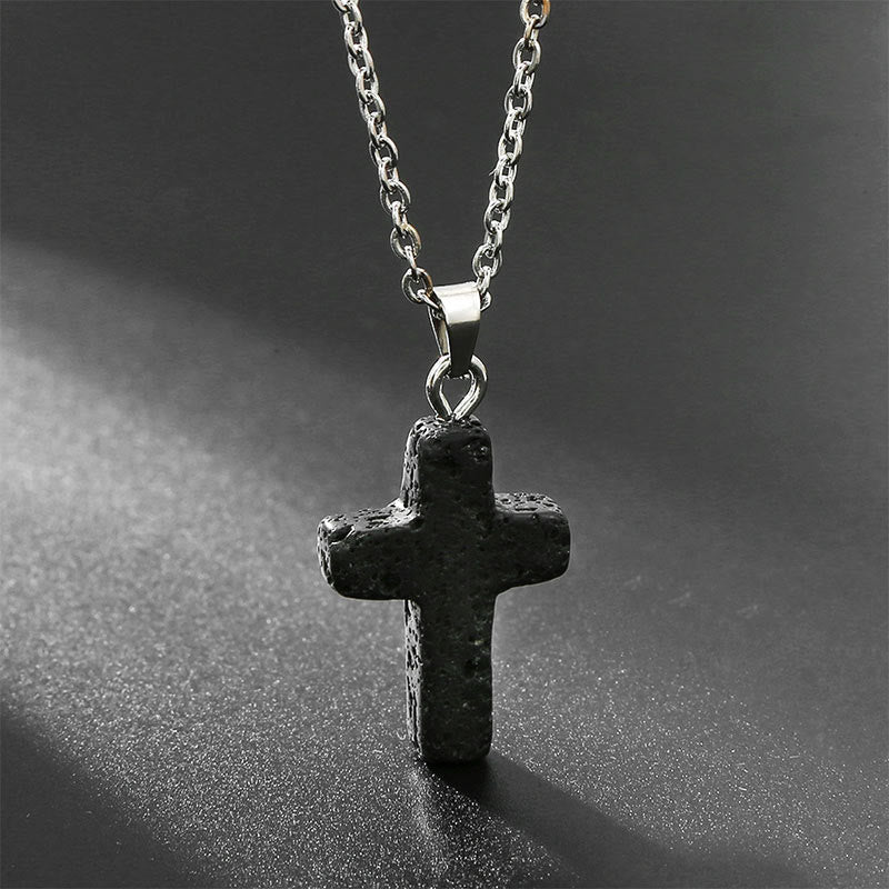 Necklace with Cross of Natural Gemstones - Seraphina-Lava stone-State of Style