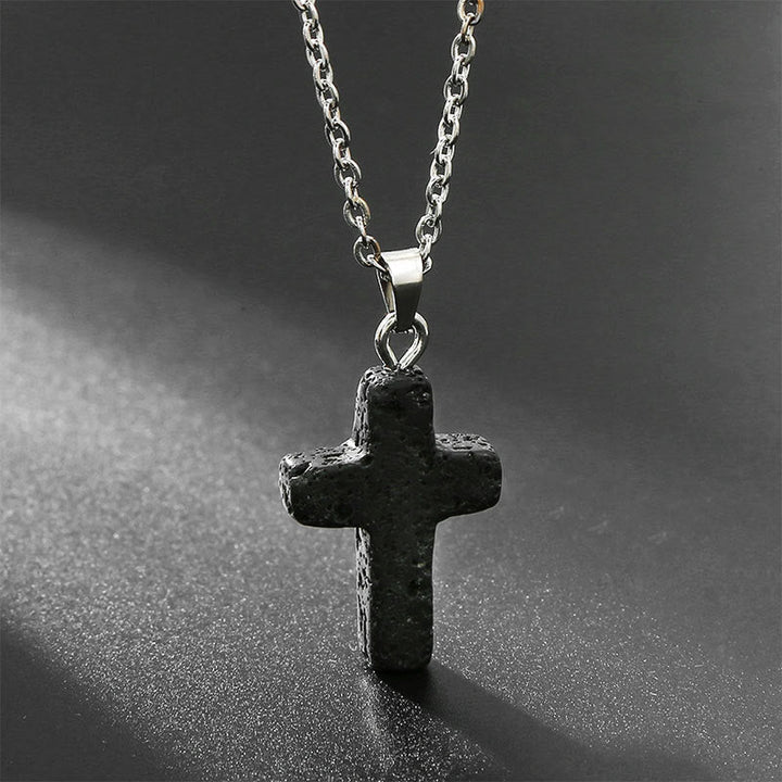 Necklace with Cross of Natural Gemstones - Seraphina-Lava stone-State of Style