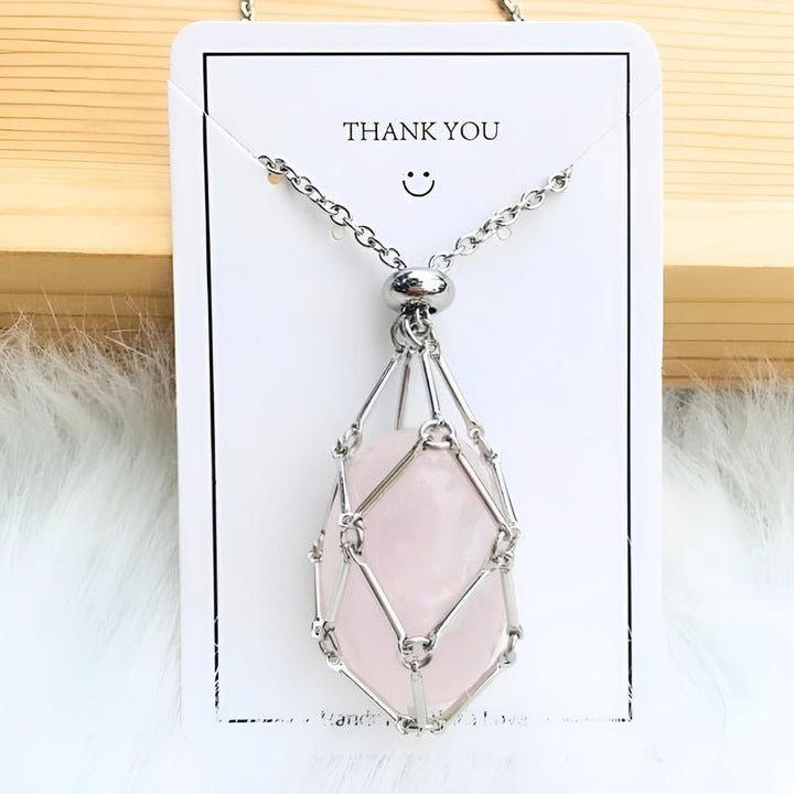 Necklace with Crystal Holder Pendant - CrystalGuard-Silver-Rose quartz-State of Style