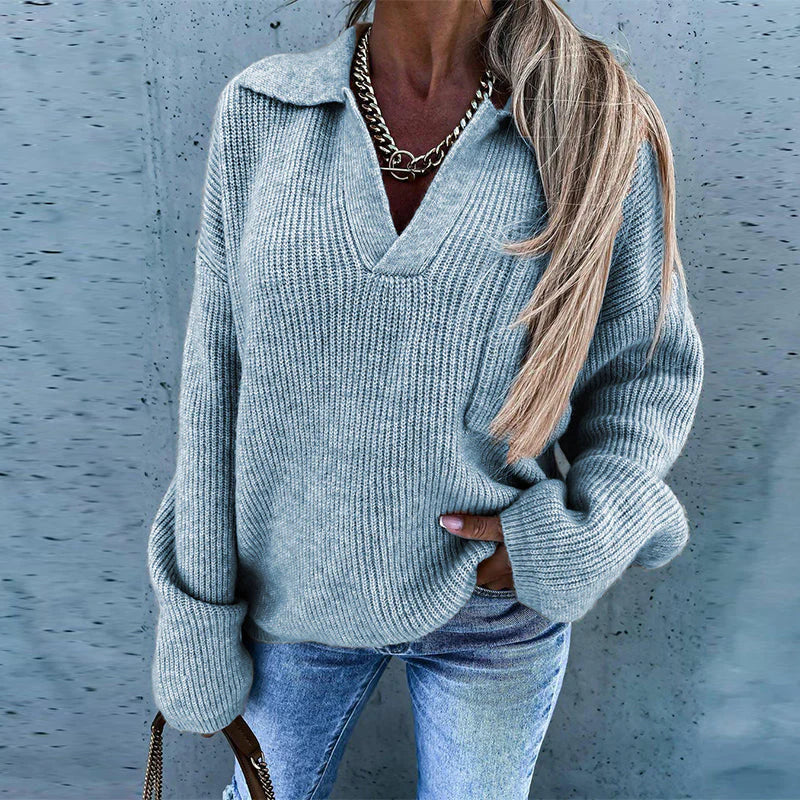 NelekkesShirt | Women's Deep V-Neck Knit Sweater-Blue-S-State of Style