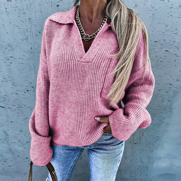 NelekkesShirt | Women's Deep V-Neck Knit Sweater-Pink-S-State of Style