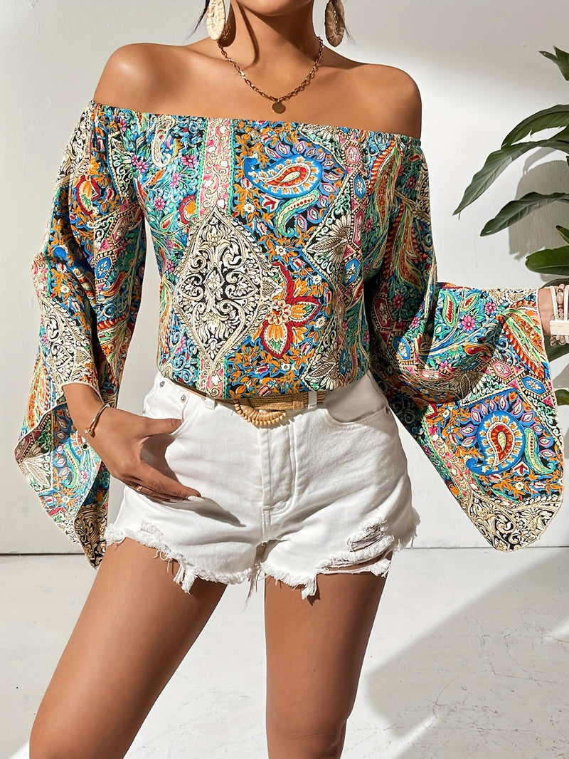 Off-Shoulder Blouse with Geometric Print – Noémie-Green-S-State of Style