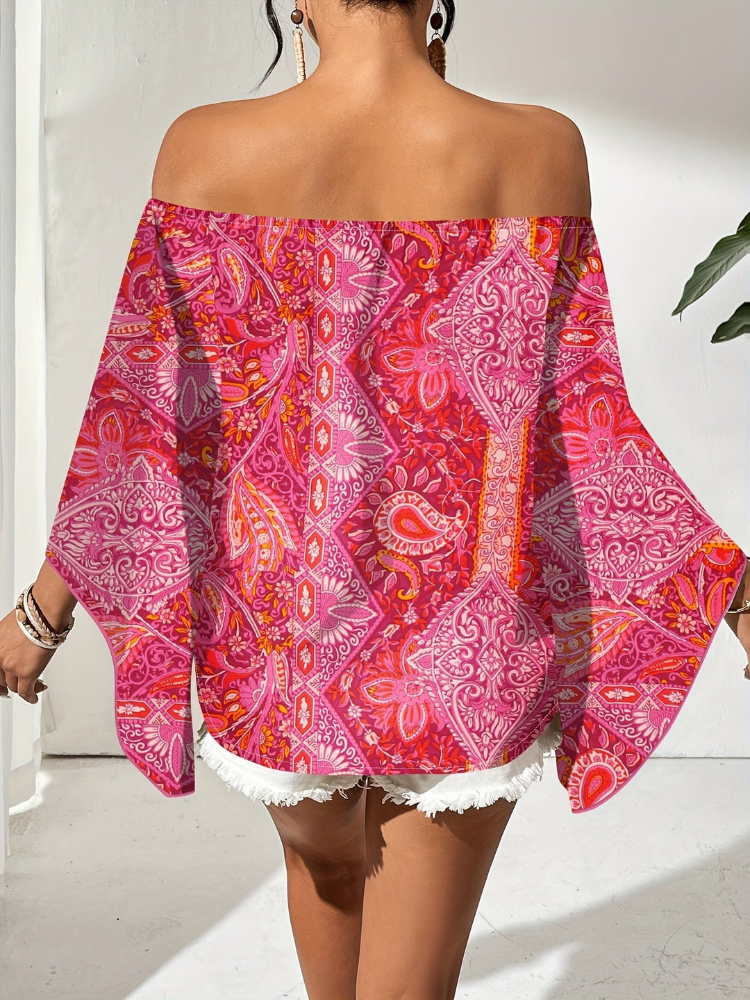 Off-Shoulder Blouse with Geometric Print – Noémie-Green-S-State of Style