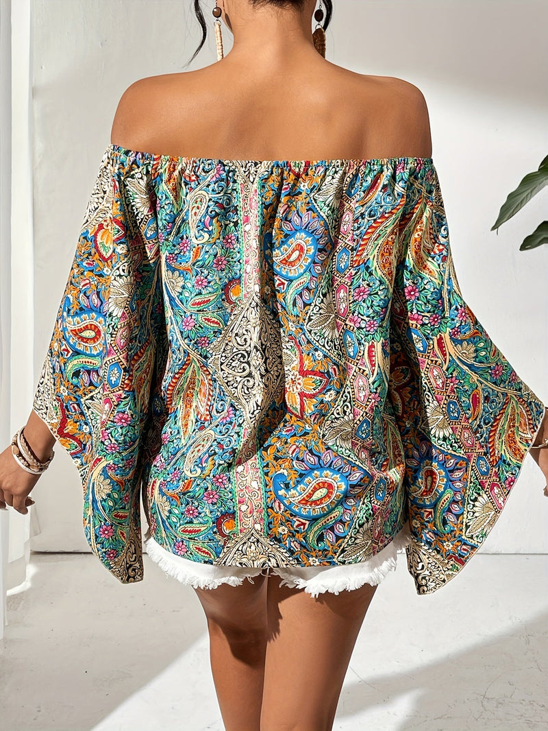 Off-Shoulder Blouse with Geometric Print – Noémie-Green-S-State of Style