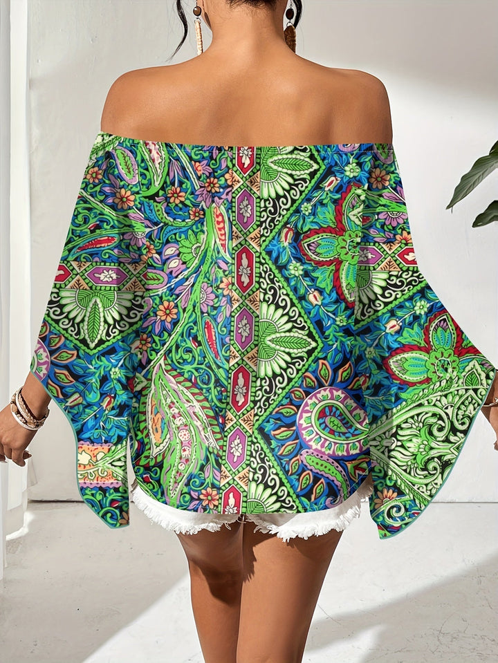 Off-Shoulder Blouse with Geometric Print – Noémie-Green-S-State of Style