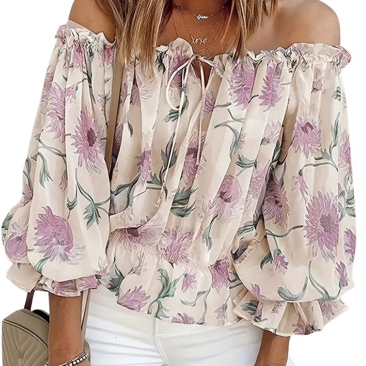 Off-Shoulder Floral Blouse with Ruffles – Fayenne-Beige-S-State of Style