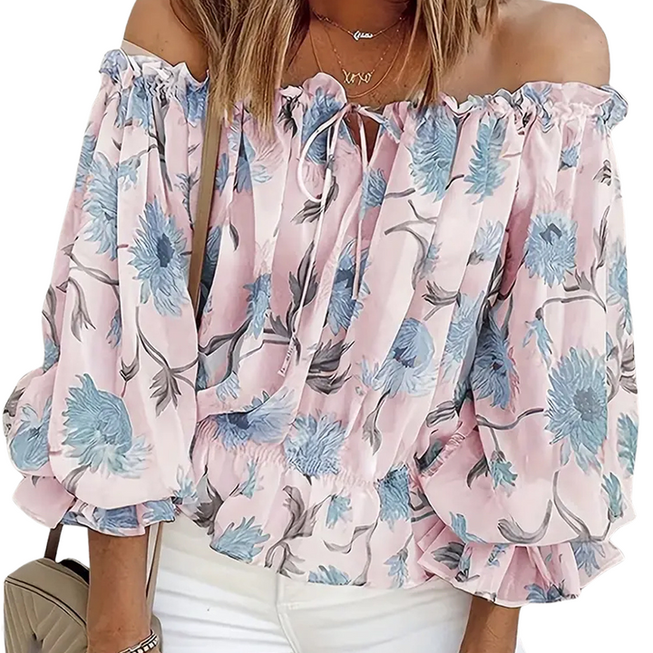 Off-Shoulder Floral Blouse with Ruffles – Fayenne-Pink-S-State of Style