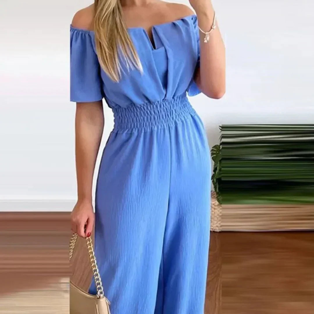 Off-Shoulder Jumpsuit with Short Sleeves – Lina-Light blue-S-State of Style