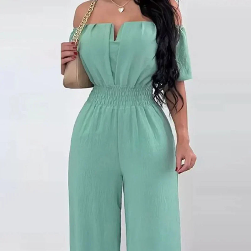 Off-Shoulder Jumpsuit with Short Sleeves – Lina-Light green-S-State of Style