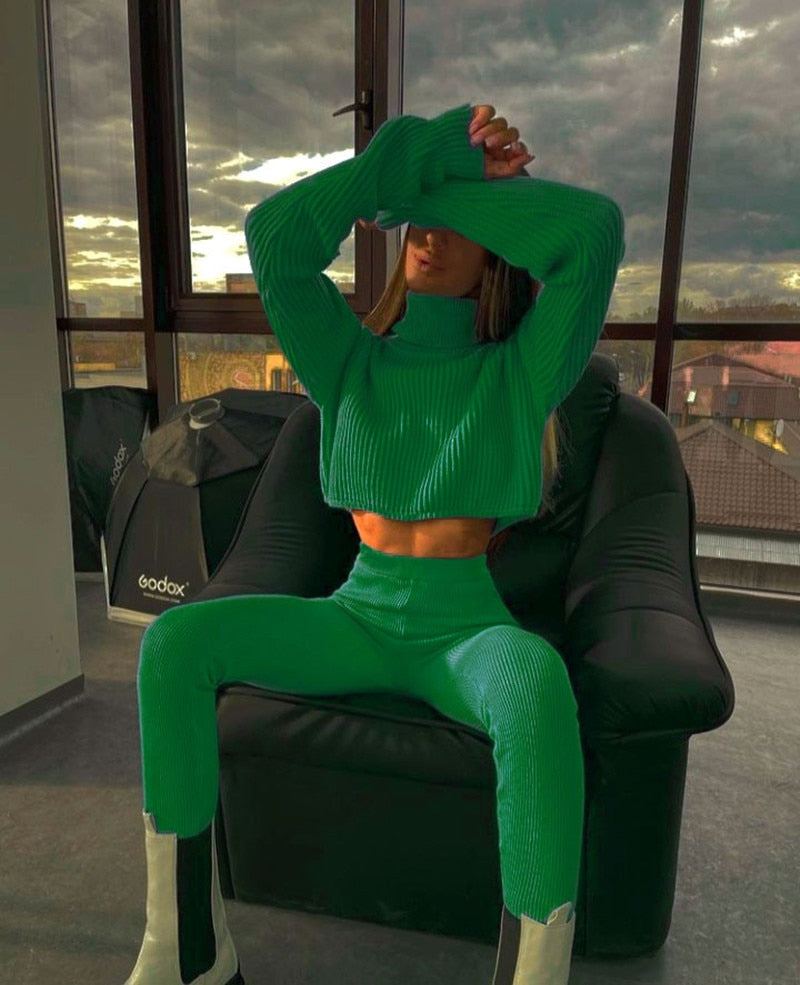 Olivia Set | Crop Turtleneck Sweater With Matching Leggings-Green-S-State of Style