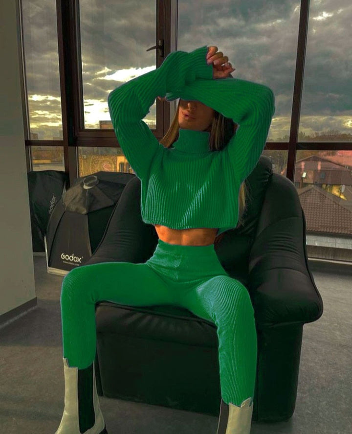 Olivia Set | Crop Turtleneck Sweater With Matching Leggings-Green-S-State of Style