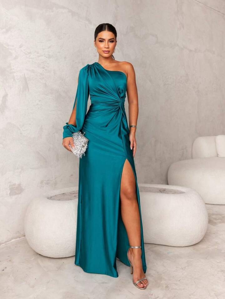One-Shoulder Evening Dress for a Refined Look - Ravina-Turquoise-S-State of Style