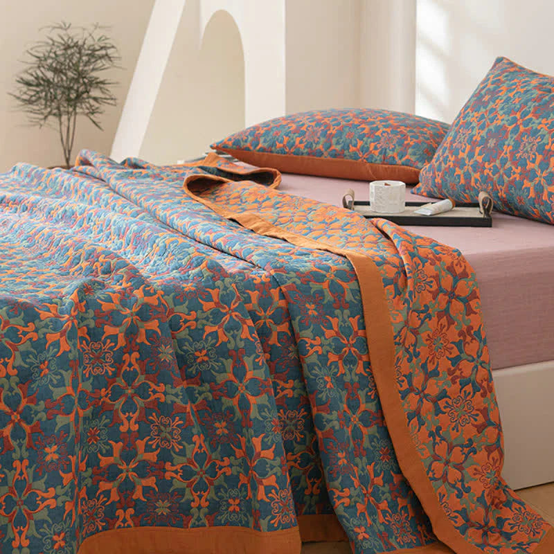 Orange & Blue Pattern Six-Layer Cotton Quilt - TerraLoom-Duvet-150x240cm-State of Style