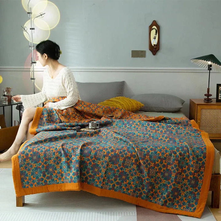 Orange & Blue Pattern Six-Layer Cotton Quilt - TerraLoom-Duvet-150x240cm-State of Style