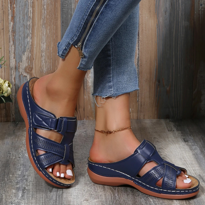 Orthopaedic Leather Ladies Sandal with Open Toe - Solara-Dark Blue-3.0-State of Style