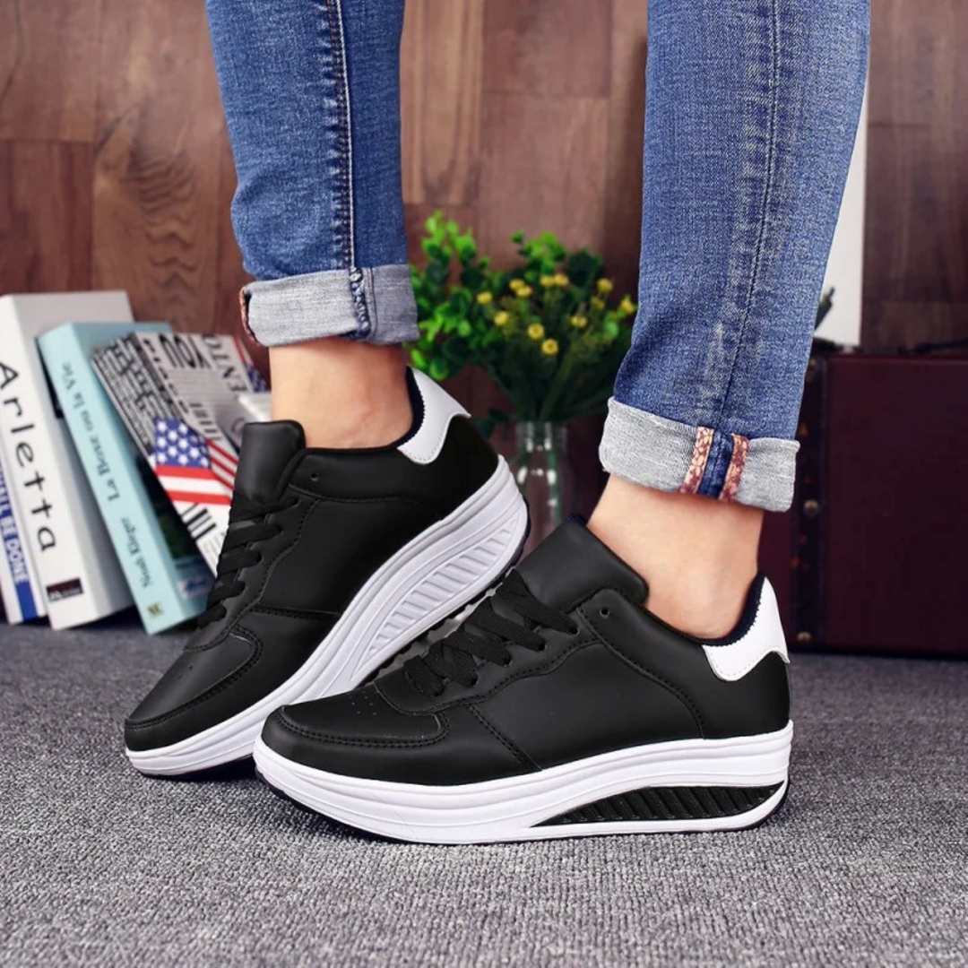 Orthopaedic Women's Sneakers in Black Leather - FlexiStep-Black-White-5-State of Style