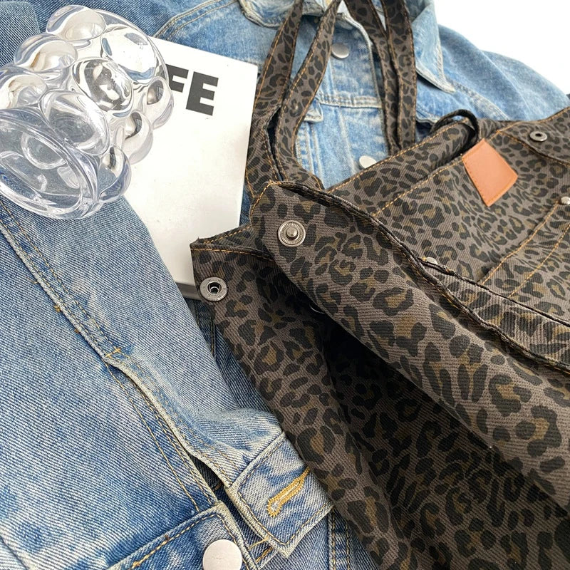 Oversized Canvas Shoulder Bag with Leopard Print - Lilac-Brown-State of Style