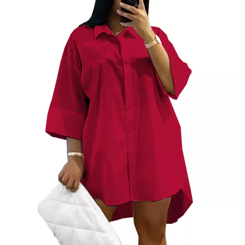 Oversized Casual Shirt Dress-Red-L-State of Style