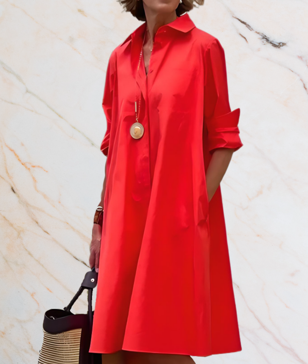 Oversized Dress With Long Sleeves And Side Pockets-Red-XS-State of Style