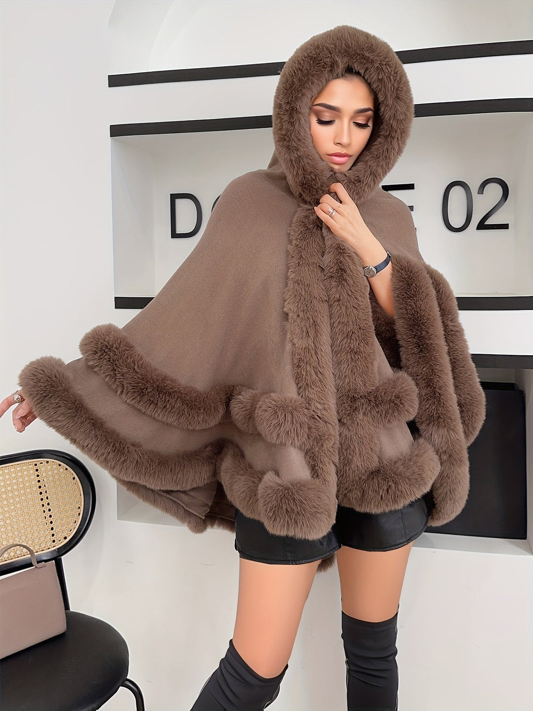 Oversized Furry Cape Jas for Women - Fiona-Brown-S-State of Style
