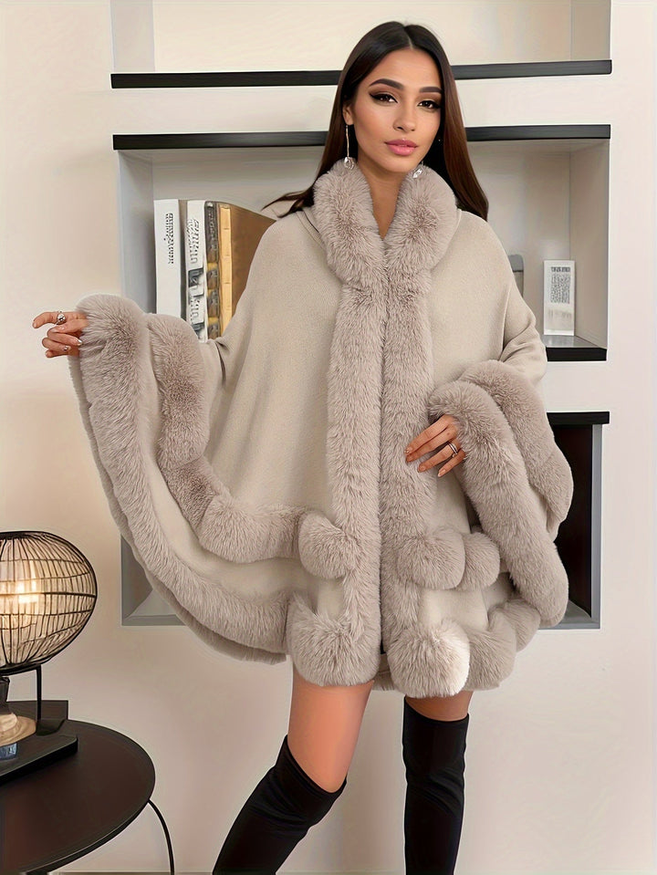 Oversized Furry Cape Jas for Women - Fiona-Khaki-S-State of Style