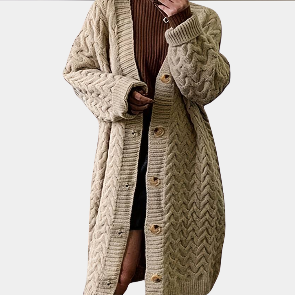 Oversized Long Knitted Women's Cardigan - Noémie-Khaki-XS-State of Style