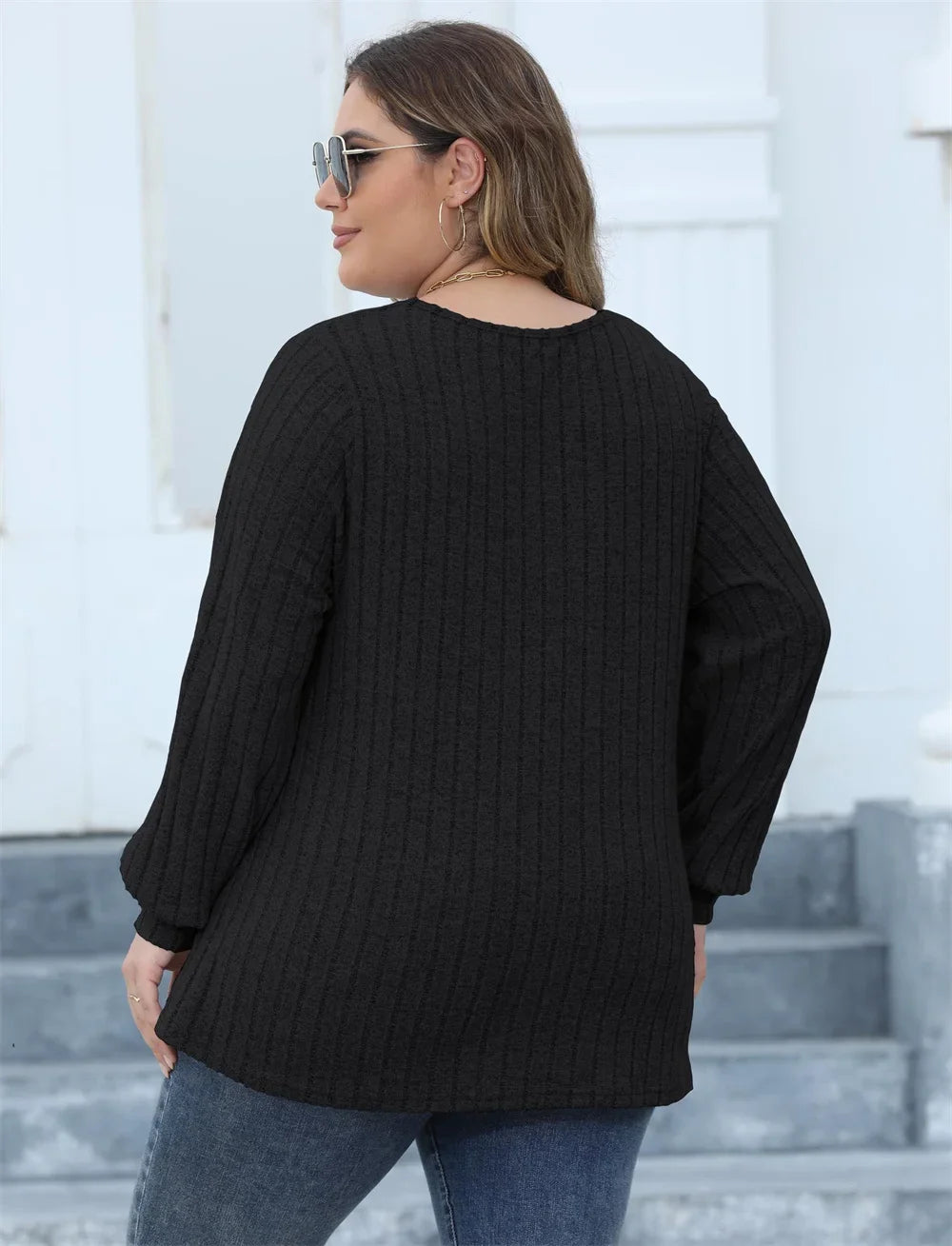 Oversized Ribbed Knit Long Sleeve Top-Black-L-State of Style