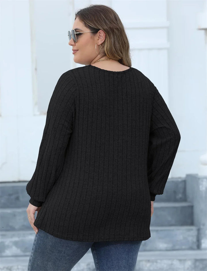 Oversized Ribbed Knit Long Sleeve Top-Black-L-State of Style