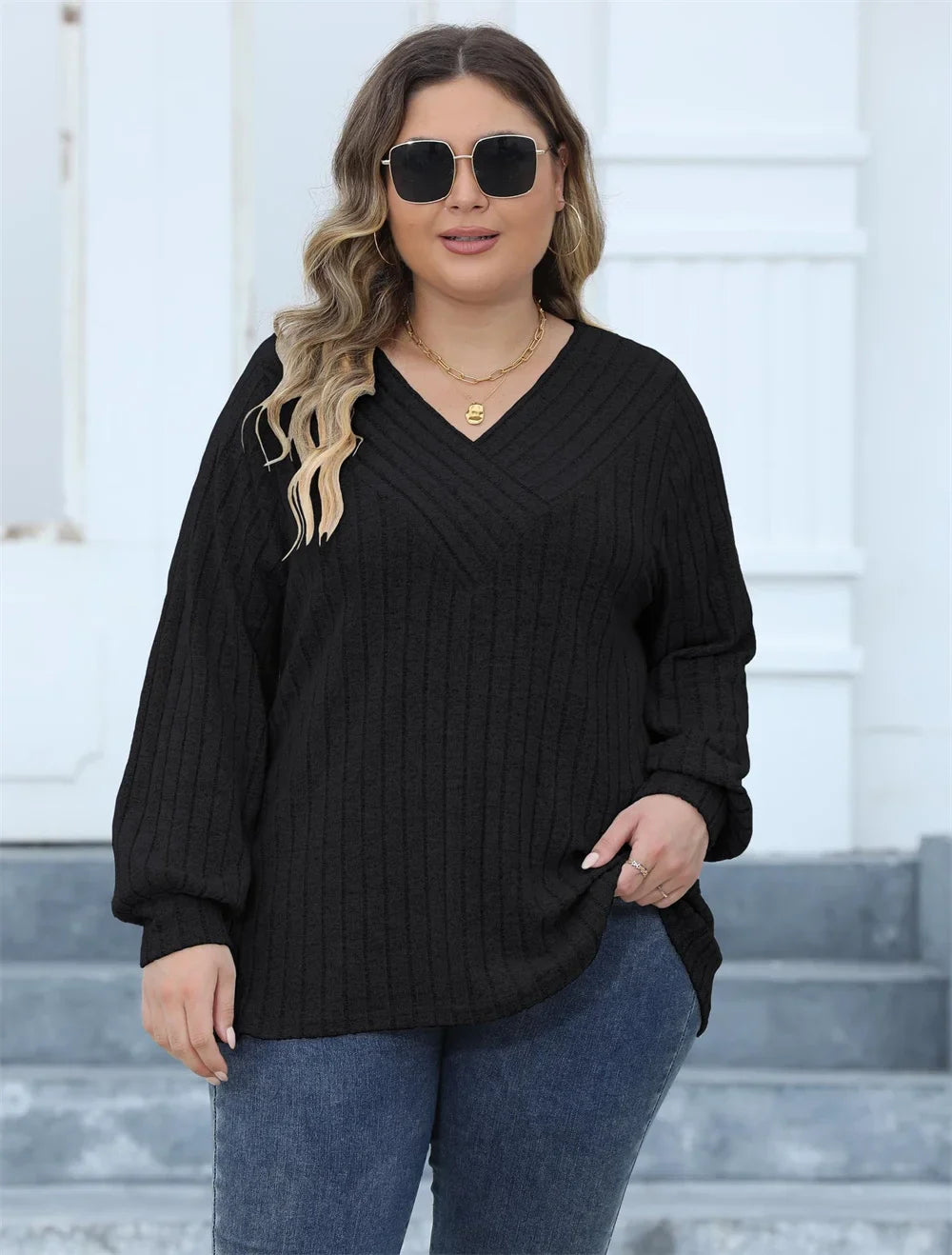 Oversized Ribbed Knit Long Sleeve Top-Black-L-State of Style