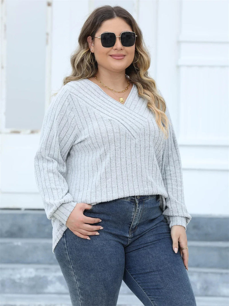 Oversized Ribbed Knit Long Sleeve Top-Grey-L-State of Style