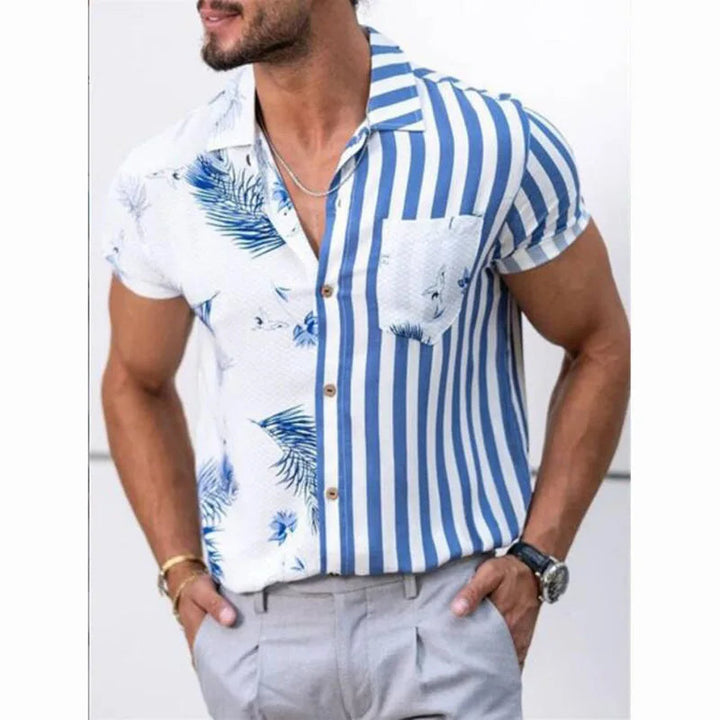 Oversized Striped Hawaiian Summer Shirt – Casual & Floral-Striped White & Light Blue-2XL-State of Style