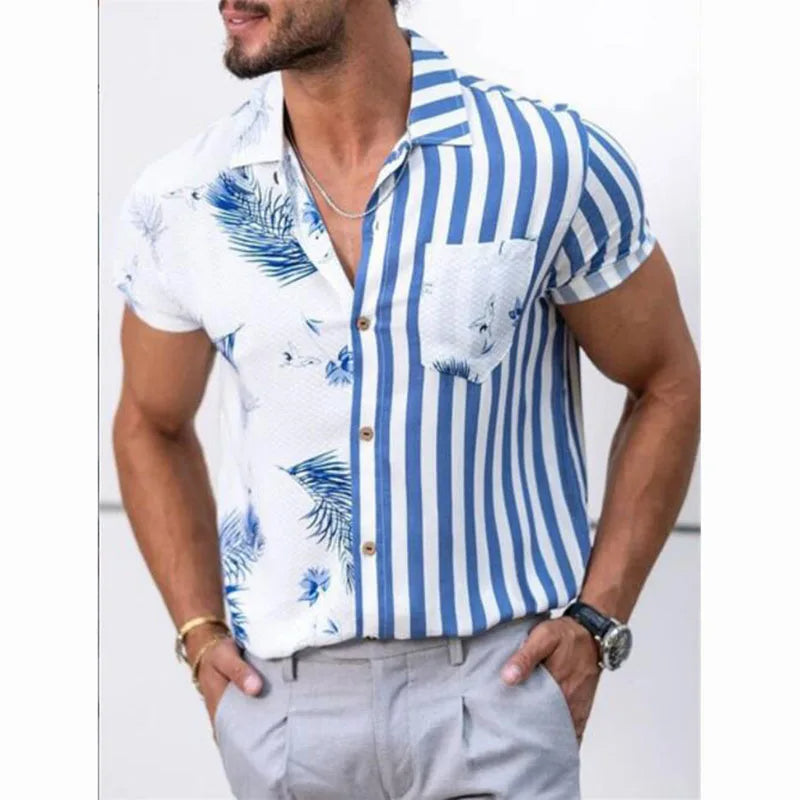 Oversized Striped Hawaiian Summer Shirt – Casual & Floral-Striped White & Light Blue-2XL-State of Style