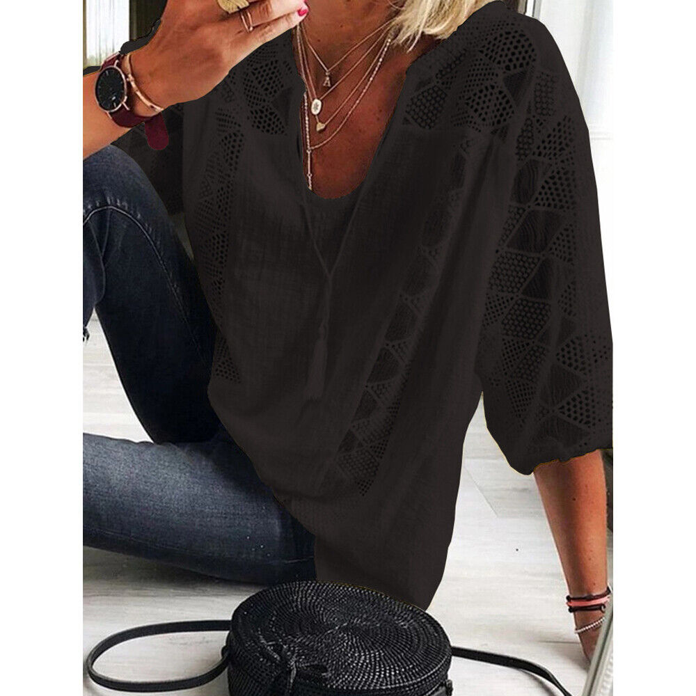 Oversized Tunic Shirt with 3/4 Sleeves-Black-L-State of Style