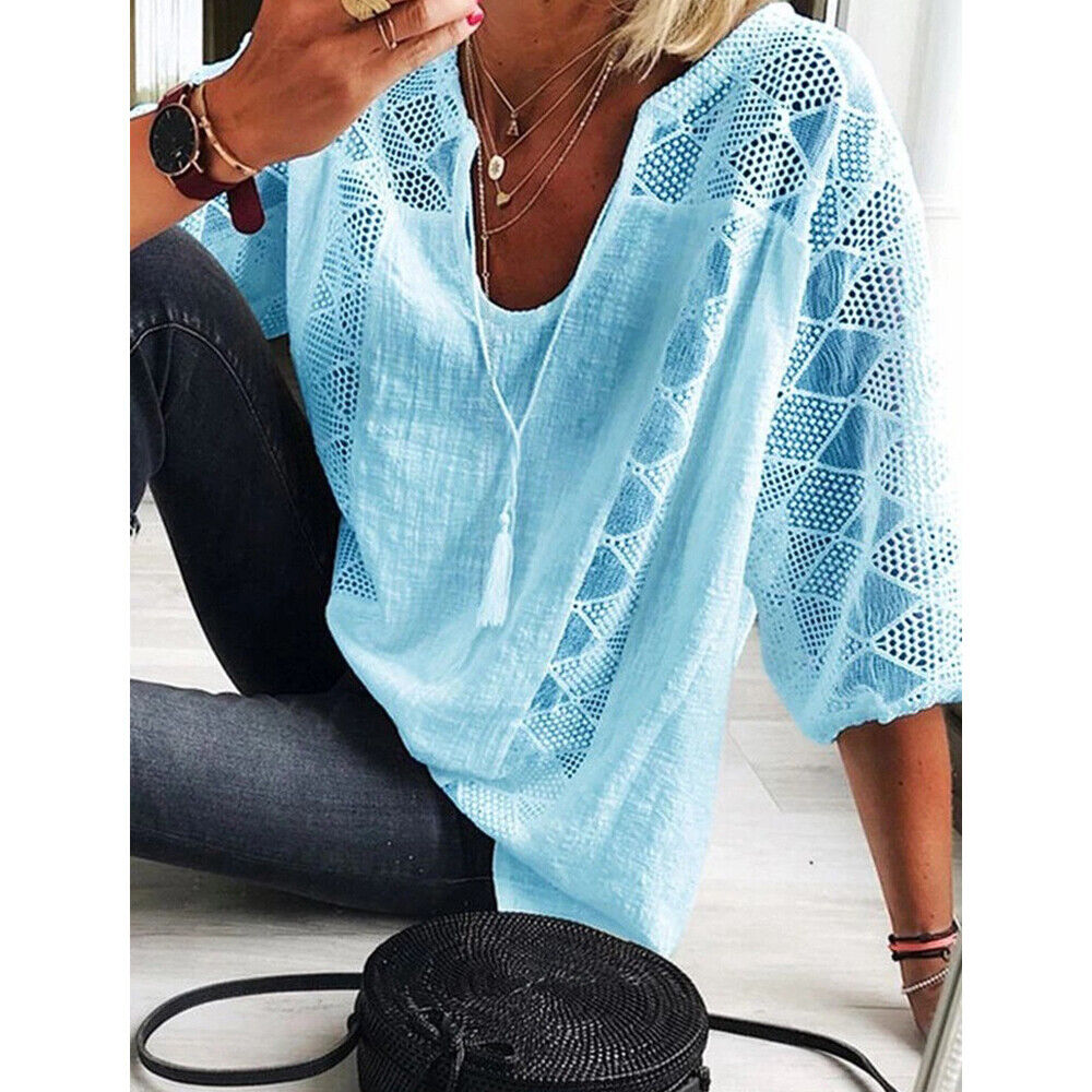 Oversized Tunic Shirt with 3/4 Sleeves-Blue-L-State of Style