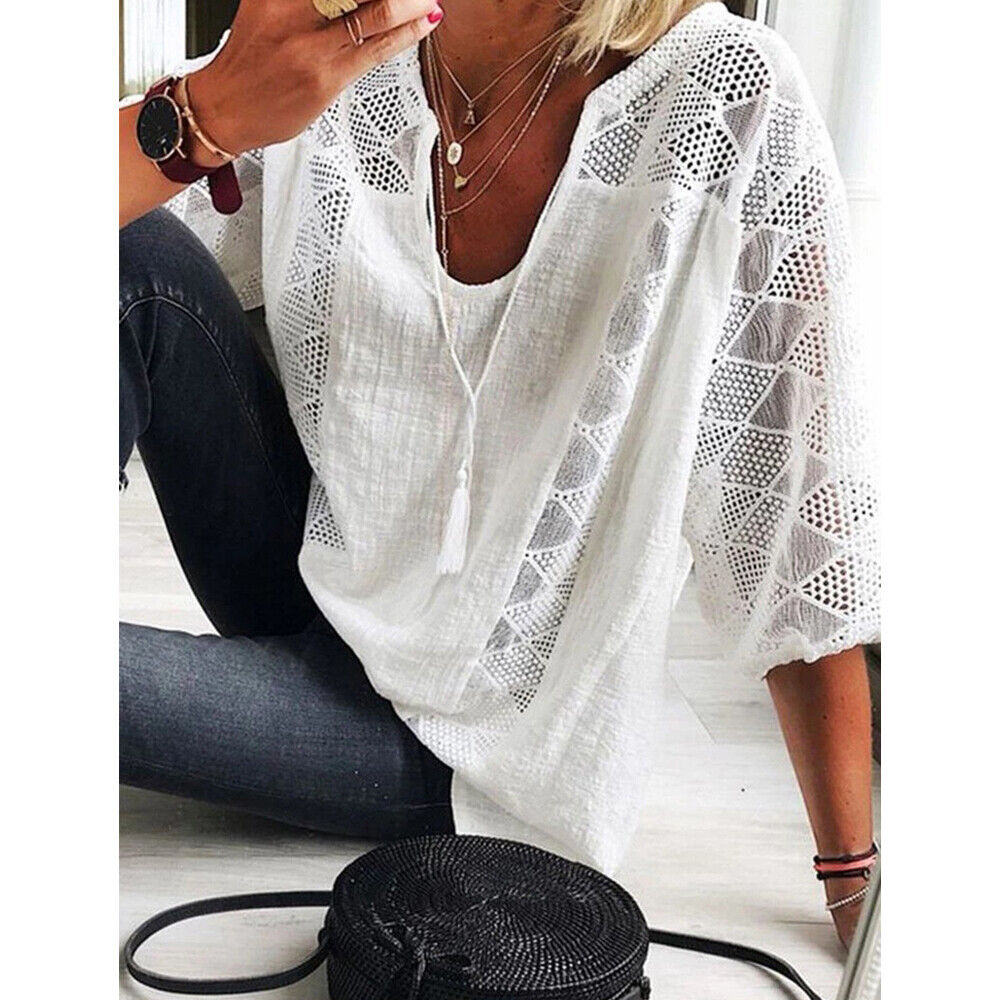 Oversized Tunic Shirt with 3/4 Sleeves-White-L-State of Style