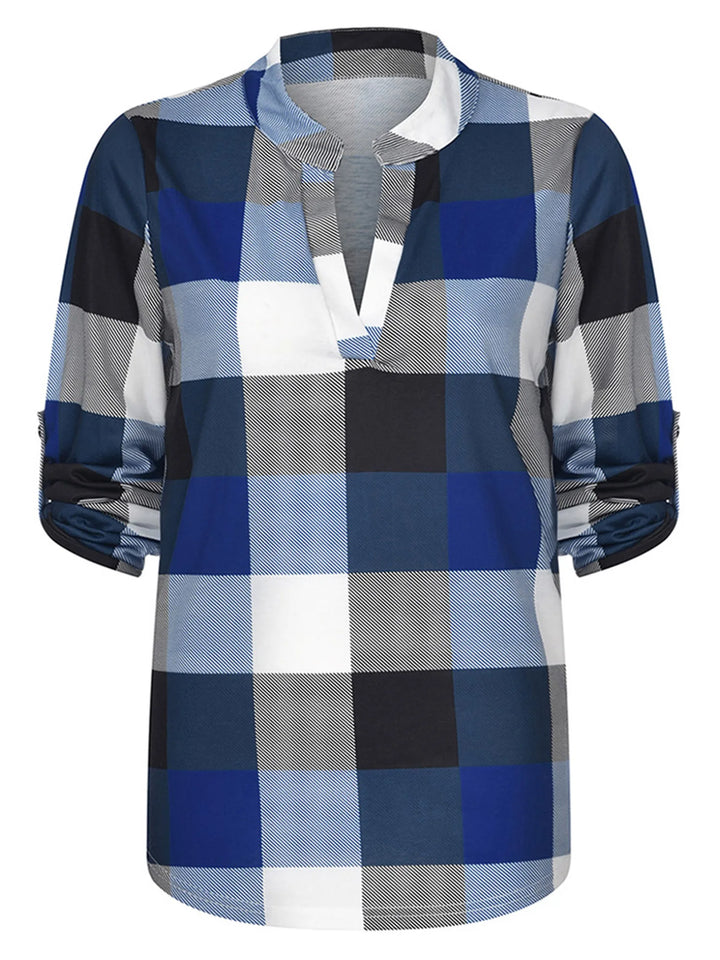 Oversized V-Neck Plaid Blouse – Stylish & Comfortable-Black-XL-State of Style