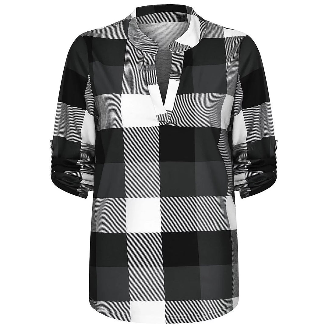 Oversized V-Neck Plaid Blouse – Stylish & Comfortable-Black-XL-State of Style