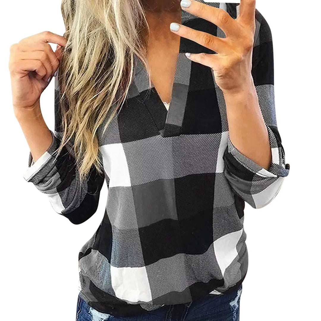 Oversized V-Neck Plaid Blouse – Stylish & Comfortable-Black-XL-State of Style