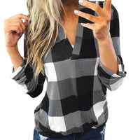 Oversized V-Neck Plaid Blouse – Stylish & Comfortable-Black-XL-State of Style