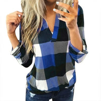 Oversized V-Neck Plaid Blouse – Stylish & Comfortable-Blue-L-State of Style