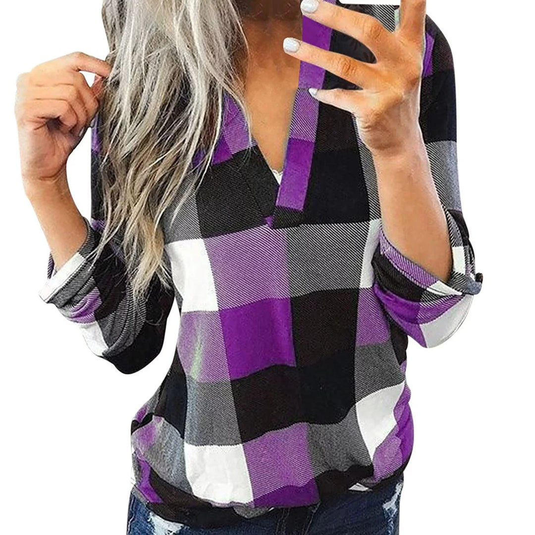 Oversized V-Neck Plaid Blouse – Stylish & Comfortable-Purple-L-State of Style