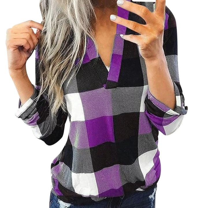 Oversized V-Neck Plaid Blouse – Stylish & Comfortable-Purple-L-State of Style