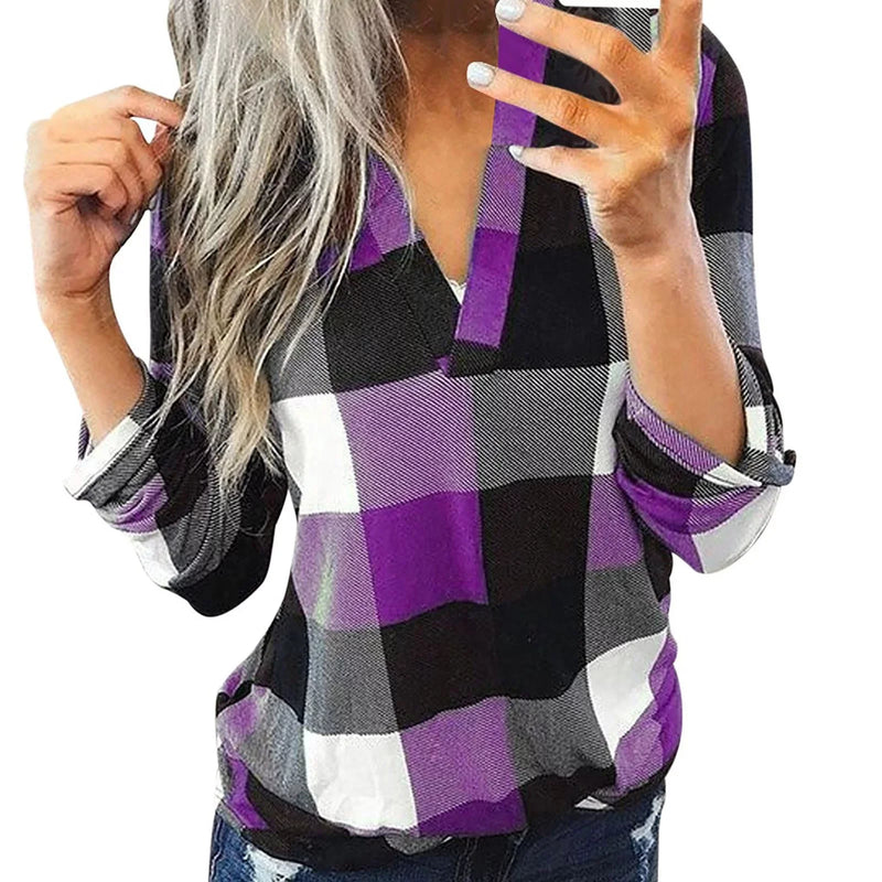 Oversized V-Neck Plaid Blouse – Stylish & Comfortable-Purple-L-State of Style